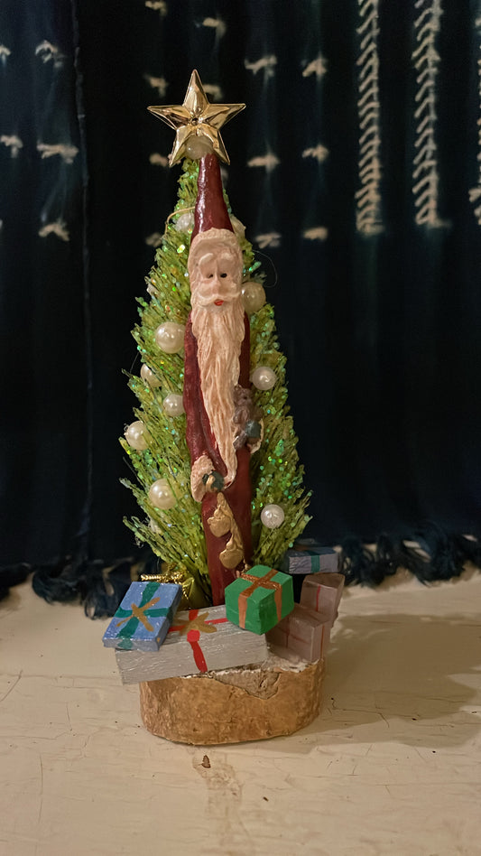 Tall Santa and Green Brush Christmas Tree