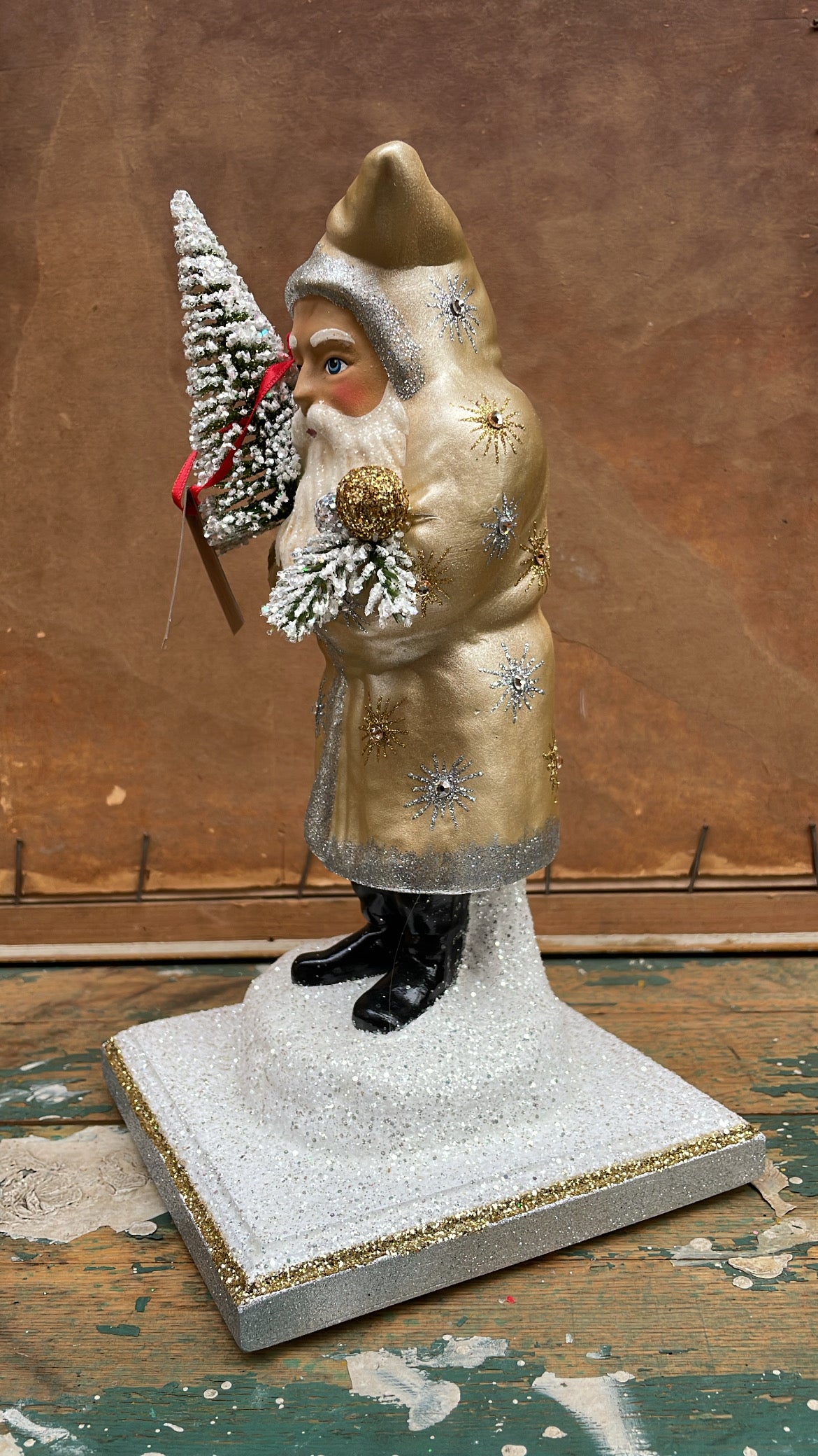 Pale Gold Santa with Gold & Silver Crystals on Display | Ino Schaller