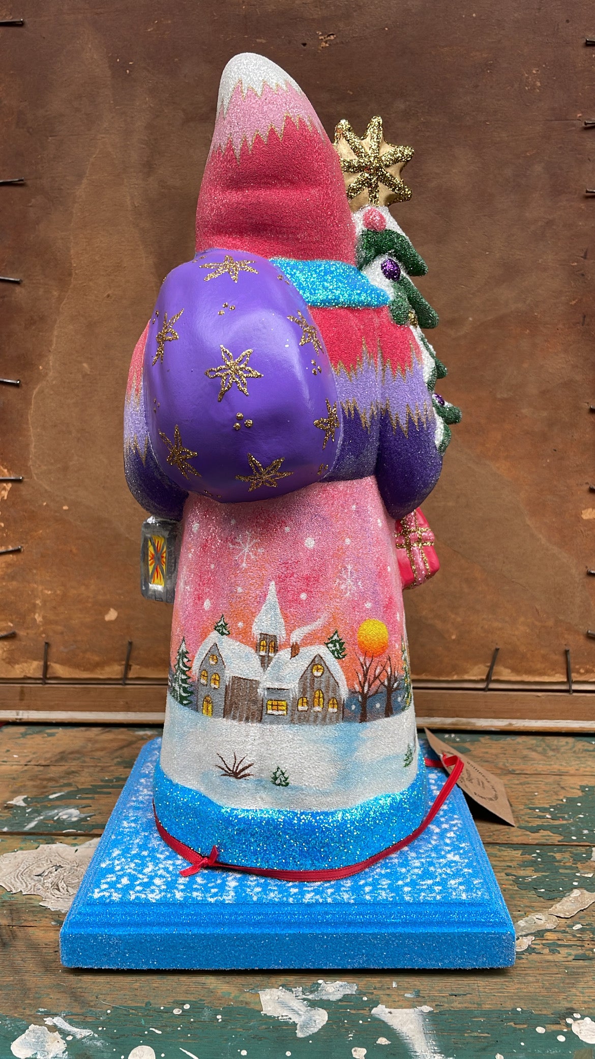 Brilliant Blue and Pink Beaded Santa with Detailed Winter Scene, Purple Bag & Beaded Wood Base | Ino Schaller