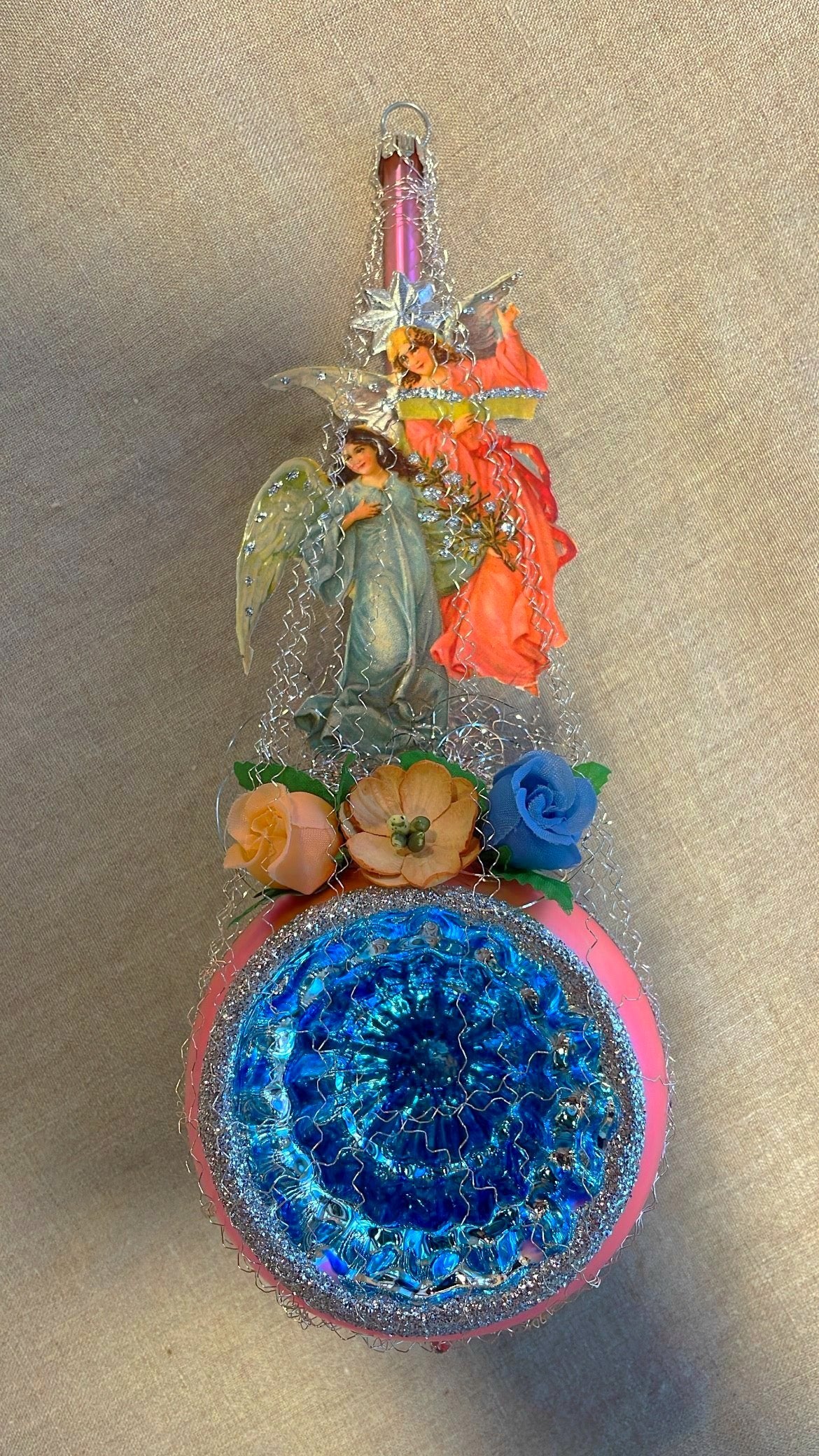 Nostalgic Two Angels on Pink and Blue Reflection Ball | Nostalgie Christbaumschmuck