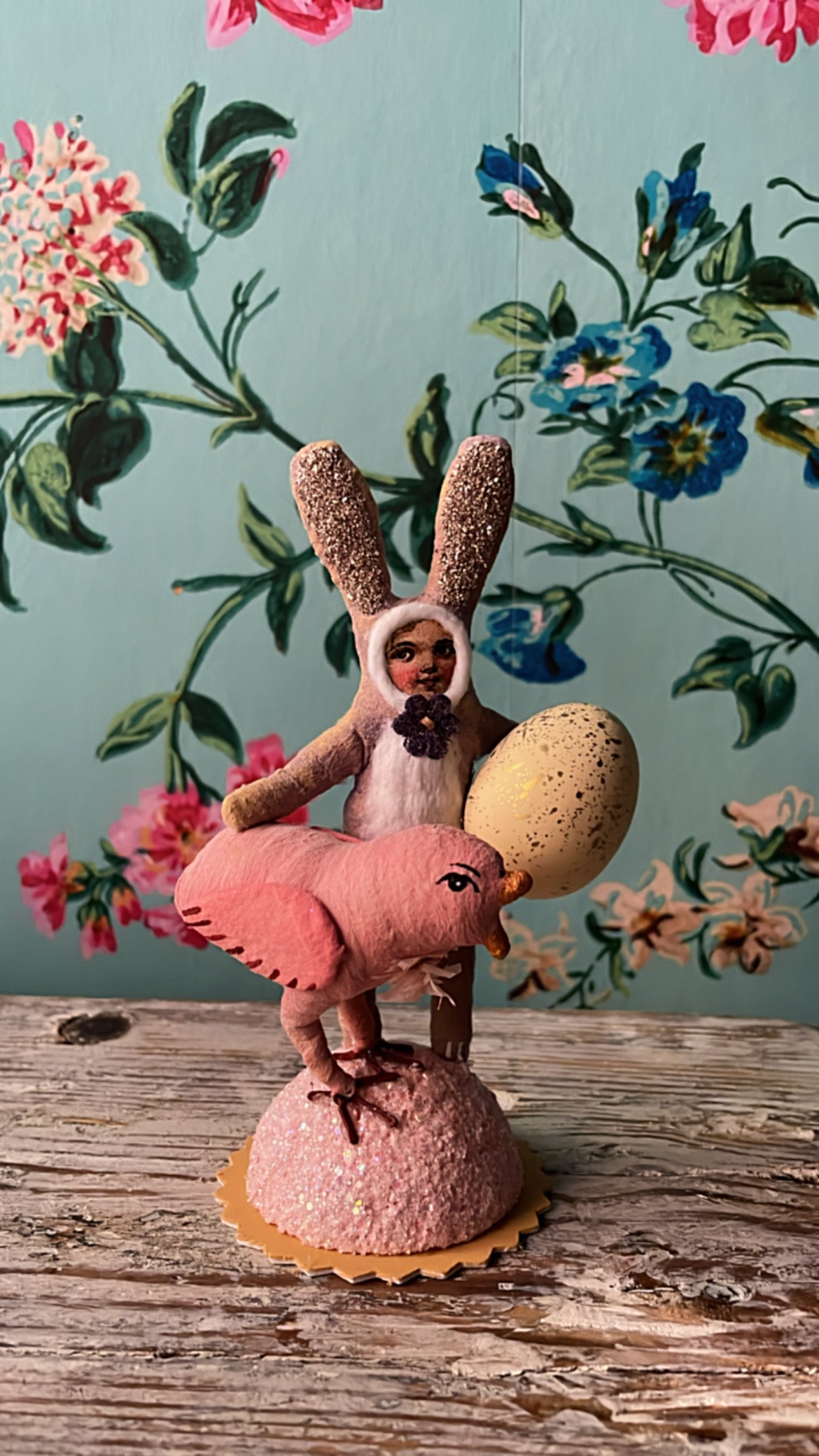 Purple Bunny Child Pink Chick Figure | Vintage by Crystal Spun Cotton Ornament