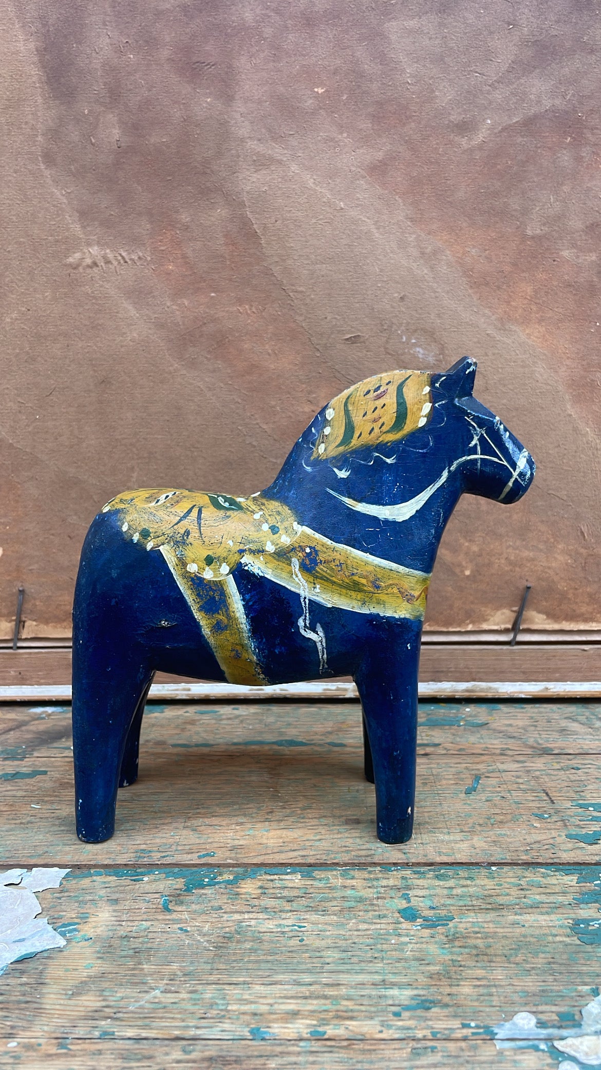 Antique Swedish Dala Horse, Midnight Blue with Ochre Decoration