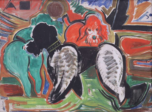 Eugen Denzel – Interior with Dogs, Mid-20th Century Oil on Panel, 60×80 cm