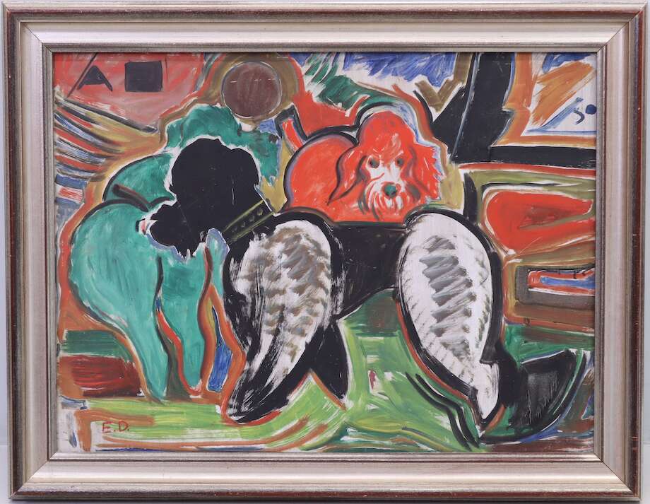 Eugen Denzel – Interior with Dogs, Mid-20th Century Oil on Panel, 60×80 cm