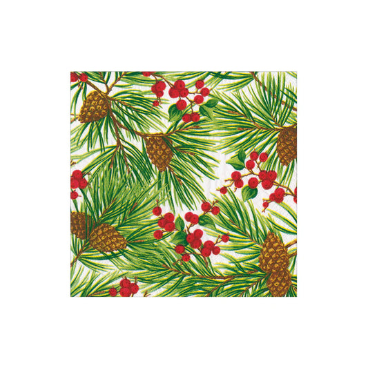 Evergreen And Berries White Cocktail Napkins | Caspari