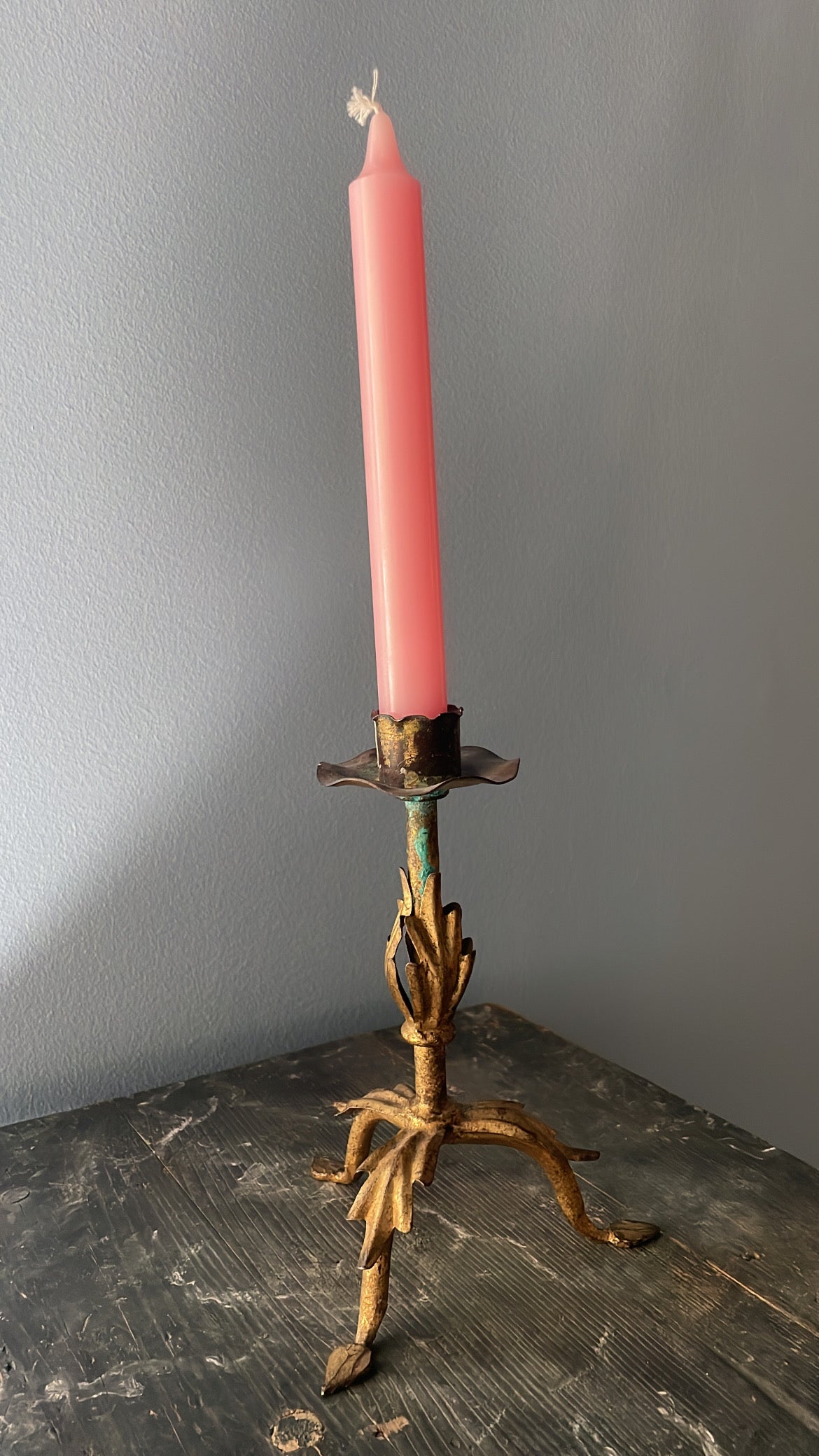 Antique French Brass Candlestick with Tripod Leaf Base