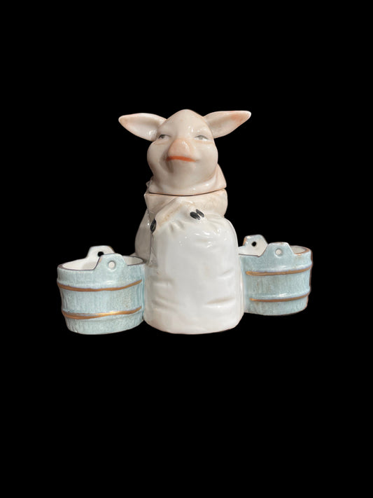 Pig Mustard Pot with Double Buckets (c. 1900) French Porcelain