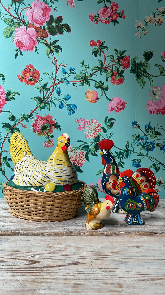 Vintage Swedish Chicken on Wicker Basket