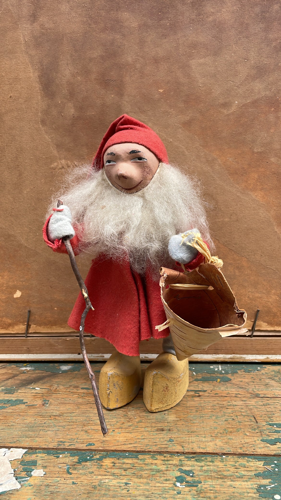 Vintage Scandinavian Nisse Figurine with Birch Basket and Staff — Röena, Sweden