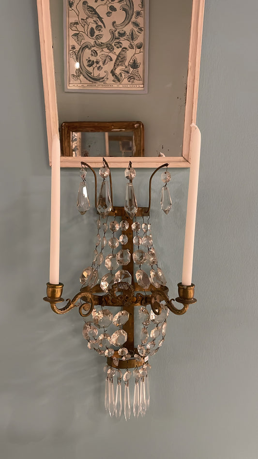Pair of Antique Swedish Brass Wall Sconces with Crystal and Bow Detail