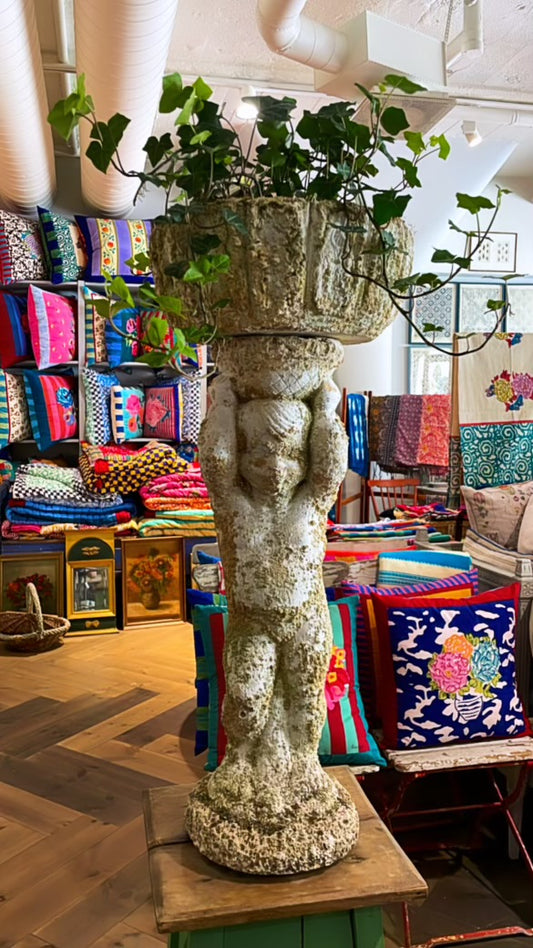 Antique Putto Holding a Basket - Cement Plant Stand