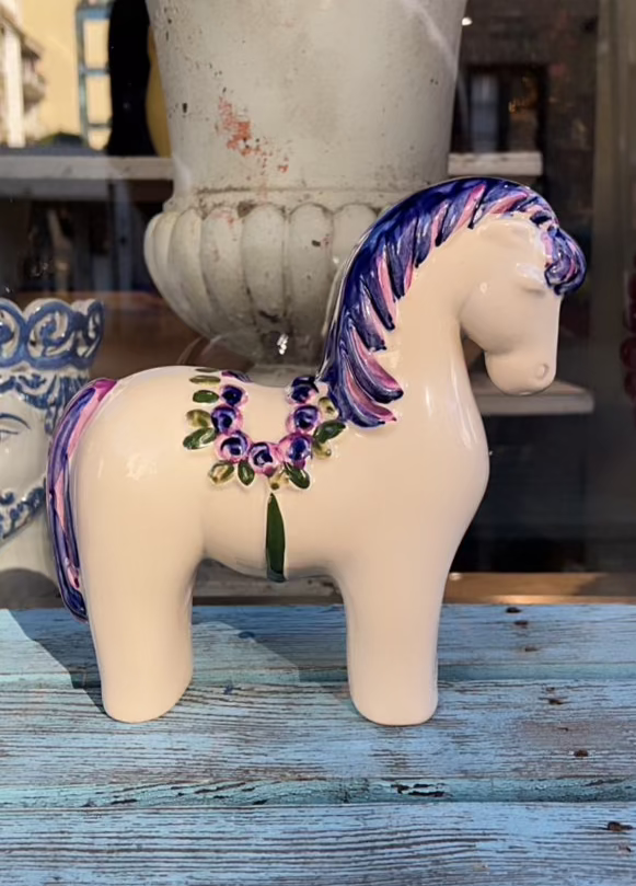 Vintage Rosa Ljung Ceramic Horse with Floral Garland, 18 cm