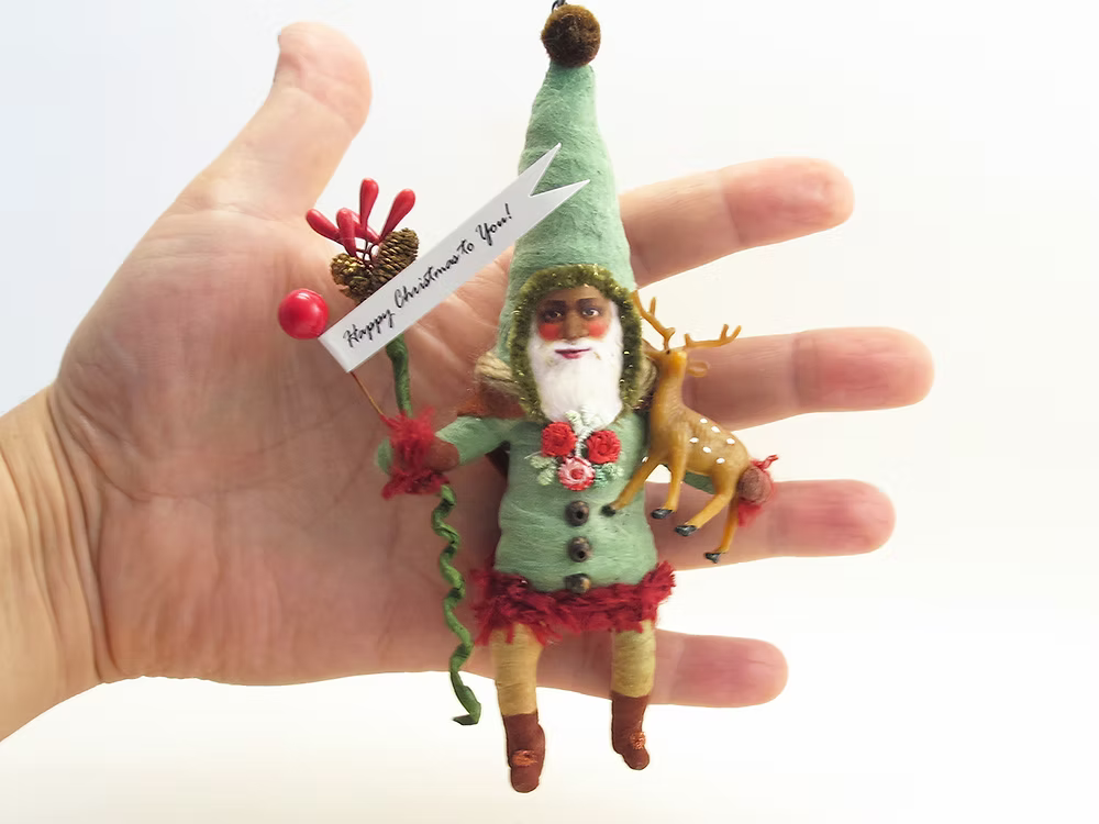 Green Forest Santa Ornament | Vintage by Crystal Spun Cotton Ornament