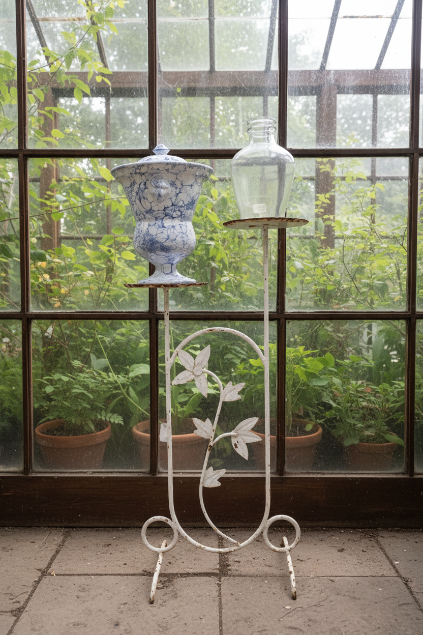 Vintage Wrought Iron Plant Stand with Floral Motif, White Painted Finish