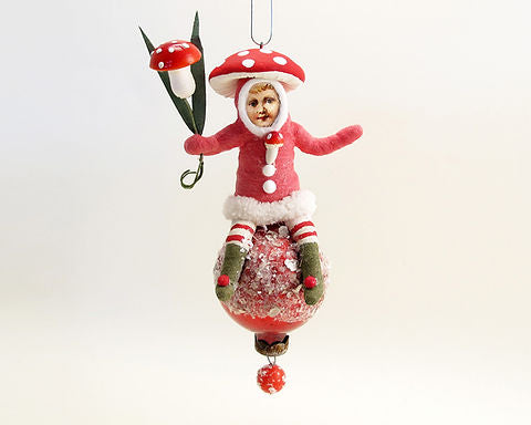 Mushroom Child On Ball Ornament - Vintage by Crystal | Vintage by Crystal Spun Cotton Ornament