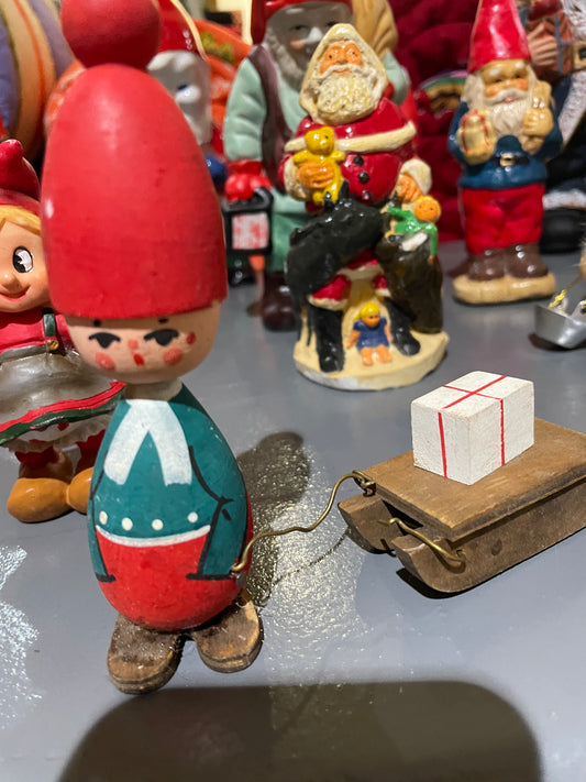 Vintage Wooden Nisse with Sled, Scandinavian