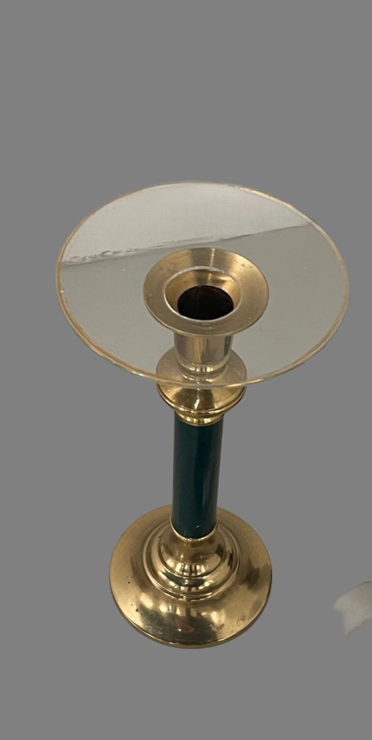 Antique French Brass Candle Holder with Faux Green Malachite Marble