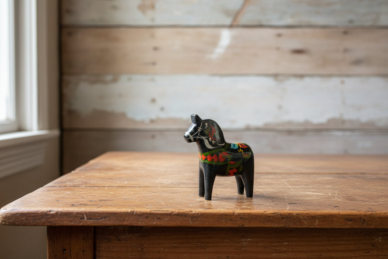 Antique Swedish Dala Horse, Hand-Painted in Black