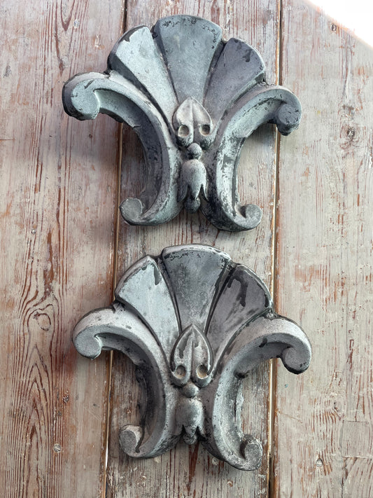 Set of Two Antique French Fleur de Lis Ridge Rooftop Finials -Old Zinc