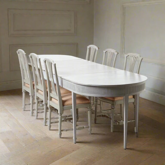 Swedish “Gustavian” Style Dining Room Suite — Table with 2 Leaves & 6 Chairs