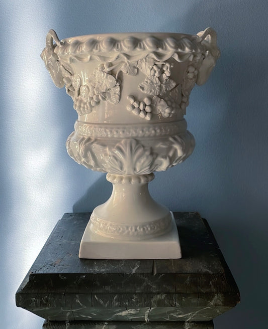 Antique White Ceramic Urn with Ram Heads & Grapevine Relief