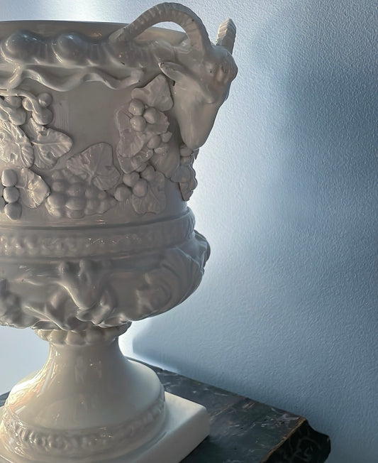 Antique White Ceramic Urn with Ram Heads & Grapevine Relief