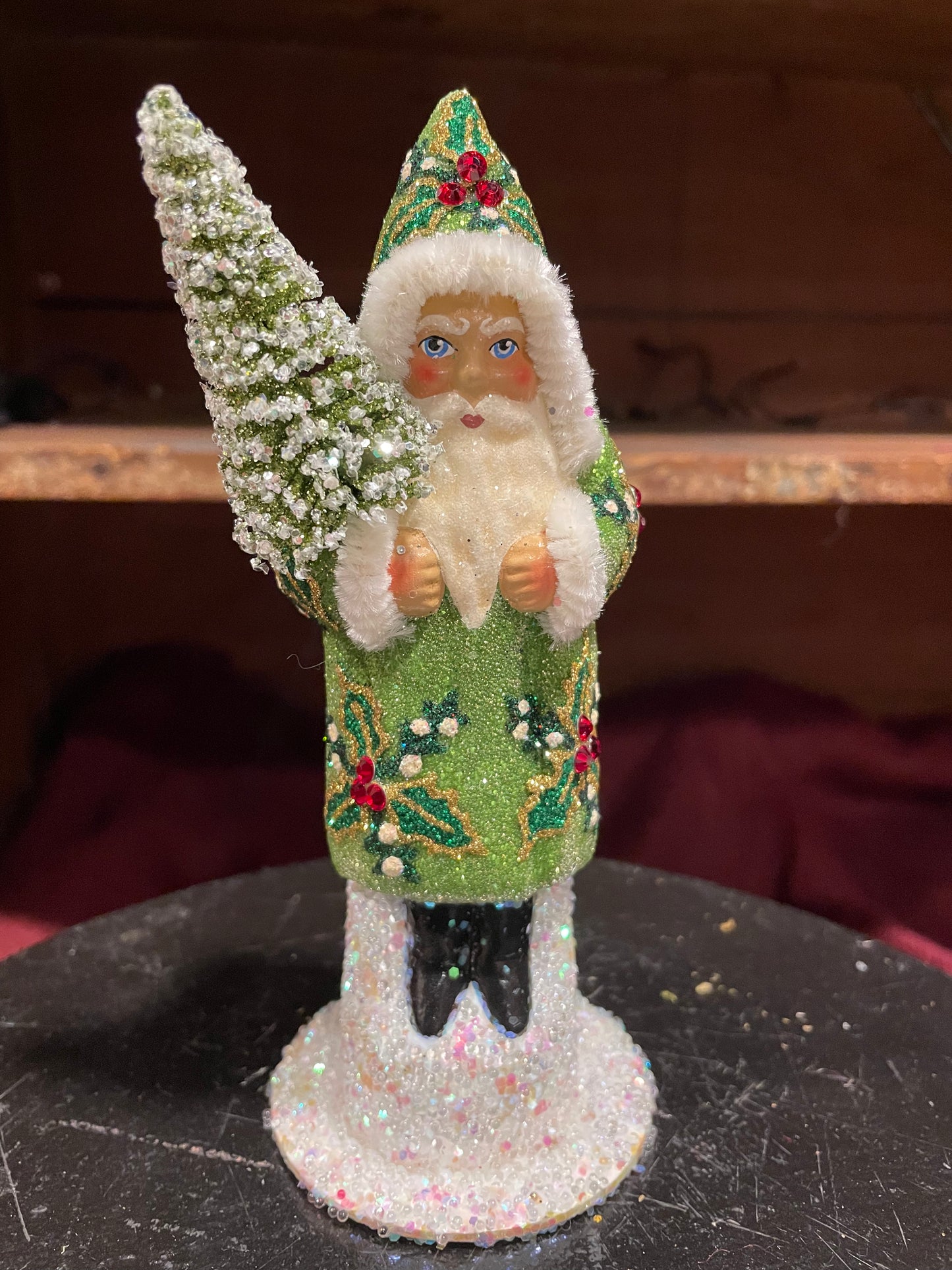 Santa Green Beaded Coat with Hand Painted Holly Motif Small | Ino Schaller