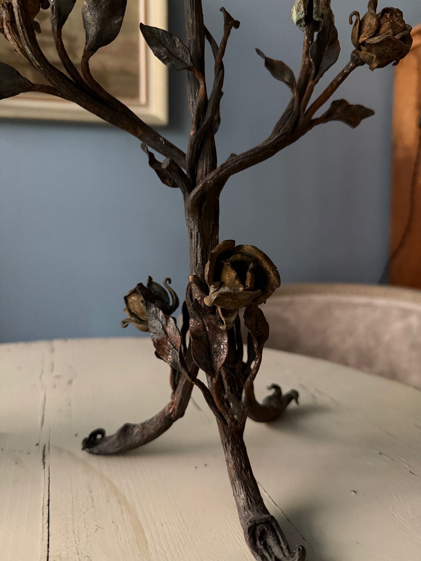 19th Century French Wrought Iron Rose Candlesticks, Pair