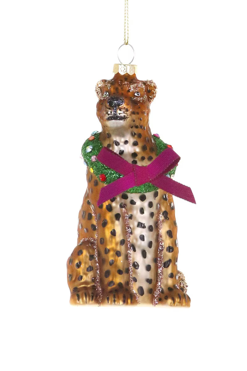 Merry Making Leopard Glass Christmas Ornament