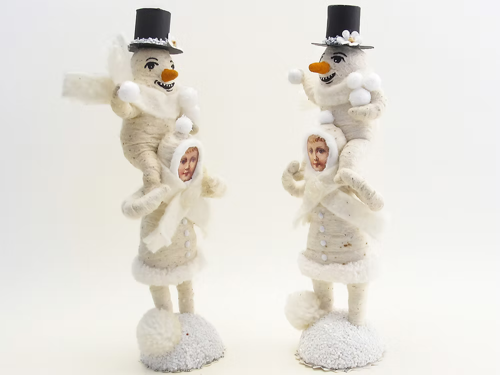 Piggy Back Snowman Figure | Vintage by Crystal Spun Cotton Ornament