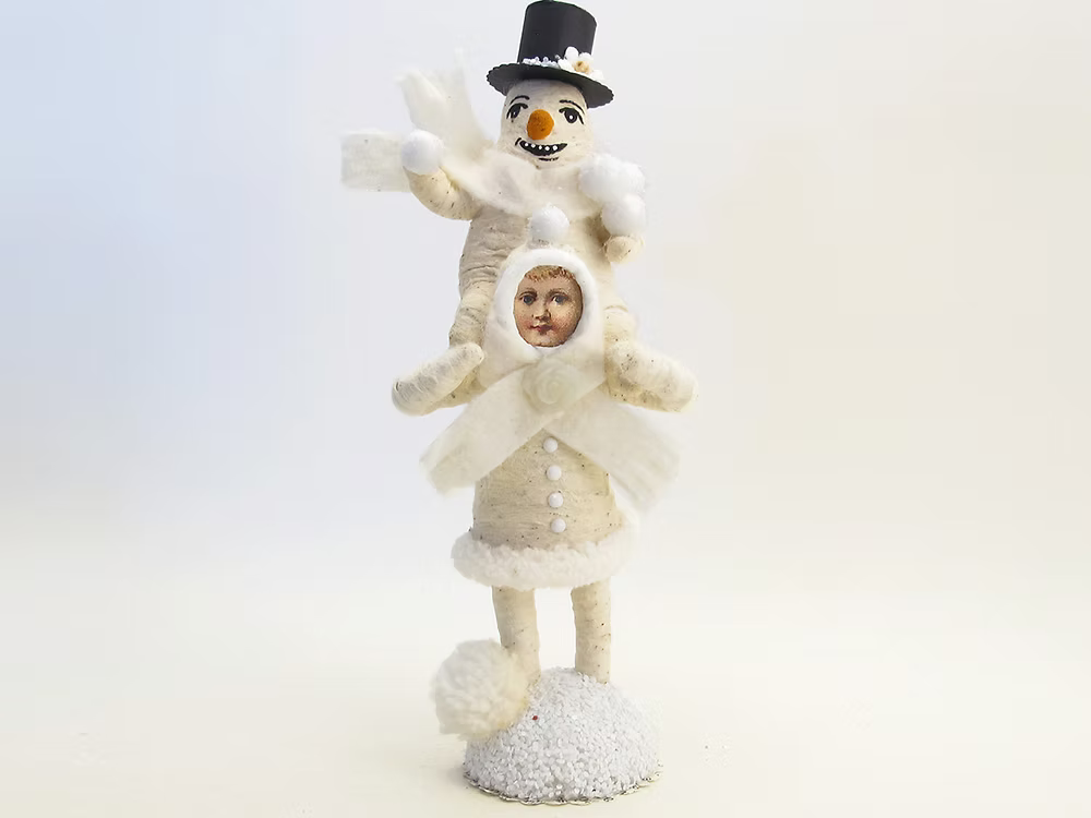 Piggy Back Snowman Figure | Vintage by Crystal Spun Cotton Ornament