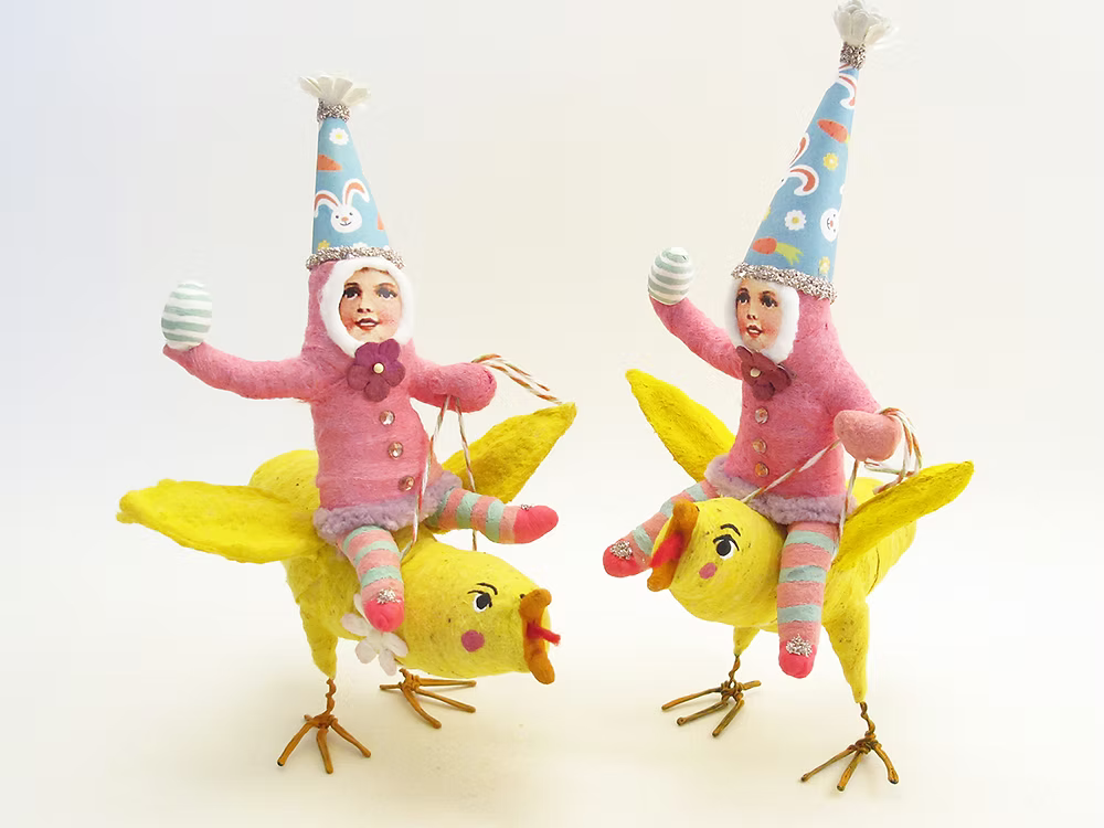 Pink Flapping Chick Rider Figure | Vintage by Crystal Spun Cotton Ornament | Vintage by Crystal Spun Cotton Ornament
