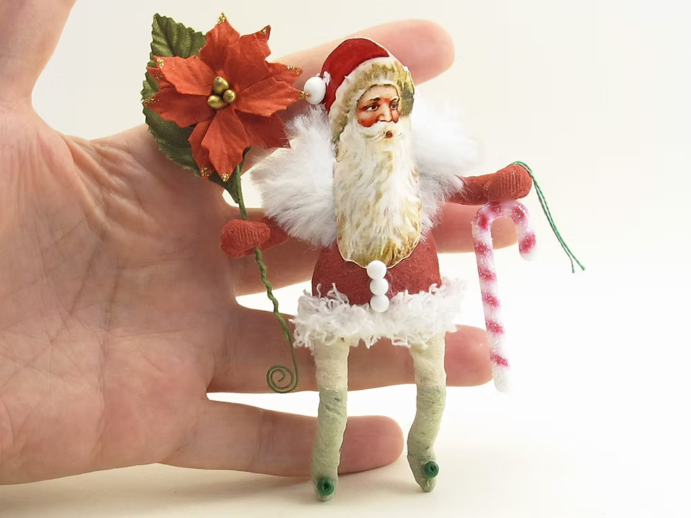 Santa With Flower And Candy Cane Ornament| Vintage by Crystal Spun Cotton Ornament | Vintage by Crystal Spun Cotton Ornament