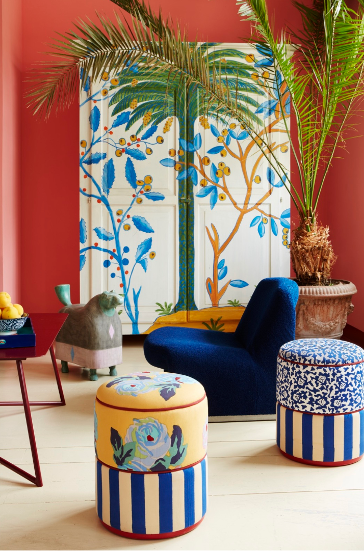 Nizam Mustard and Stripes Blue/Natural Pouf - Ottoman | Lisa Corti
