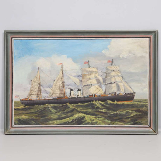 Maritime Oil Painting, Steam-and-Sail Ship — Oil on Panel (56 × 86 cm)