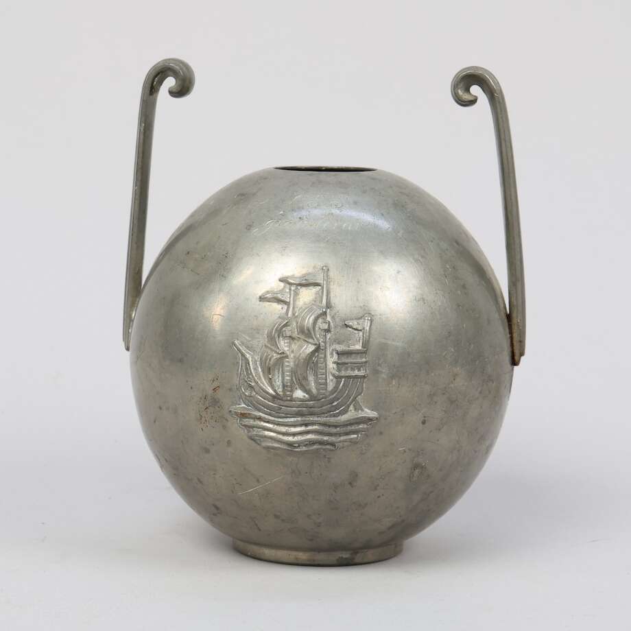 CG Hallberg Pewter Vase with Ship Emblem, Stockholm 1934