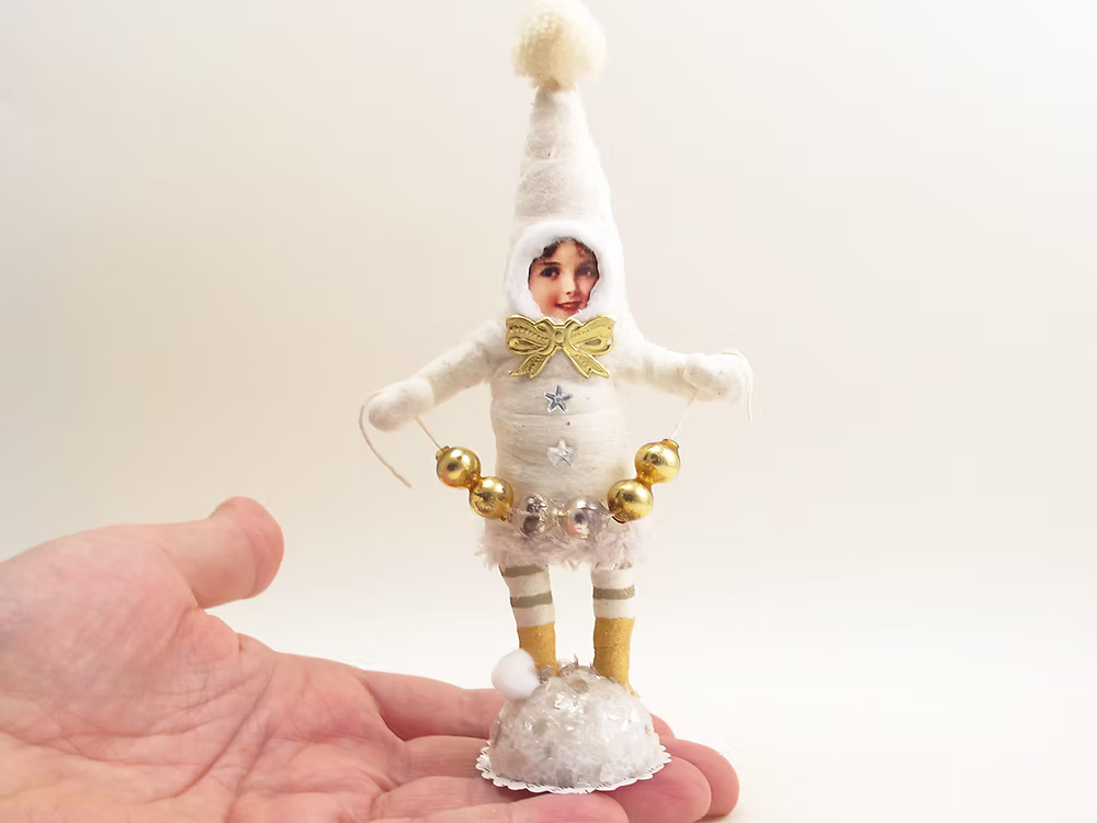 White Decorating Elf Figure | Vintage by Crystal Spun Cotton Ornament