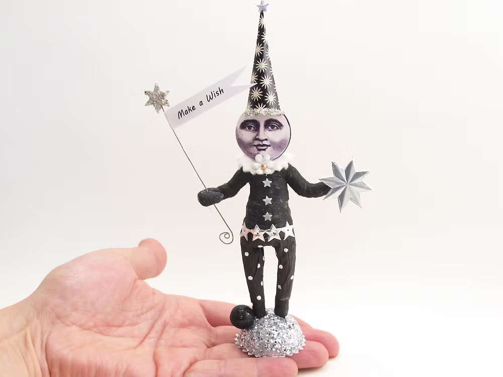 Wishing Moon Figure | Vintage by Crystal Spun Cotton Ornament