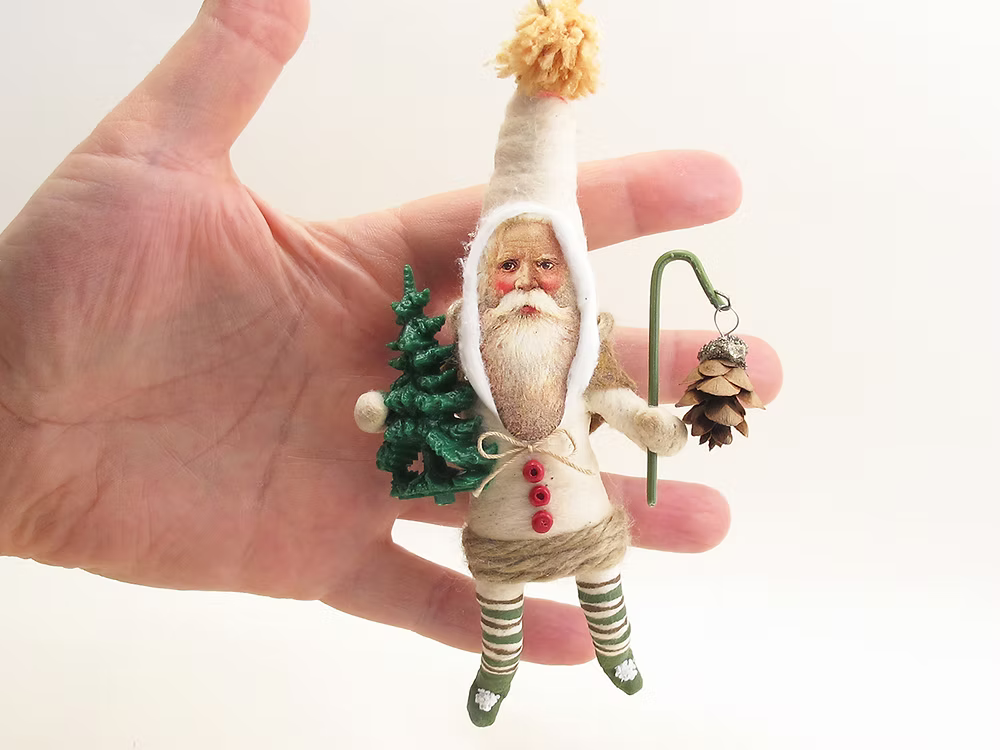 Woodland Pinecone Santa with Lantern Ornament | Vintage by Crystal Spun Cotton Ornament