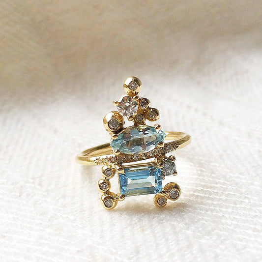 Additional view 3 of Alexandra Ring, aquamarines, diamonds and 14k yellow gold, handmade by Mikkel Brøgger