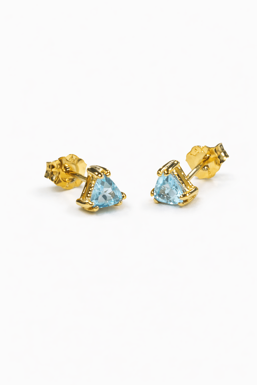 Aquamarine Studs, sky-blue aquamarines and 14k yellow gold, handmade by Mikkel Brøgger
