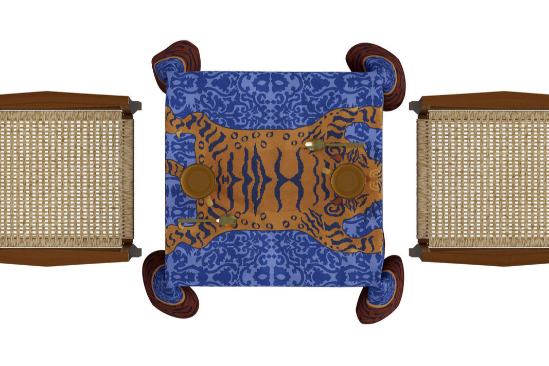 Tibetan Tiger Celeste Blue Tablecloth - 180X180 | Lisa Corti