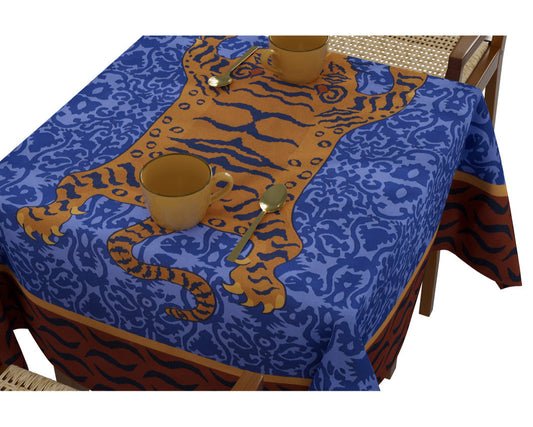 Tibetan Tiger Celeste Blue Tablecloth - 180X180 | Lisa Corti