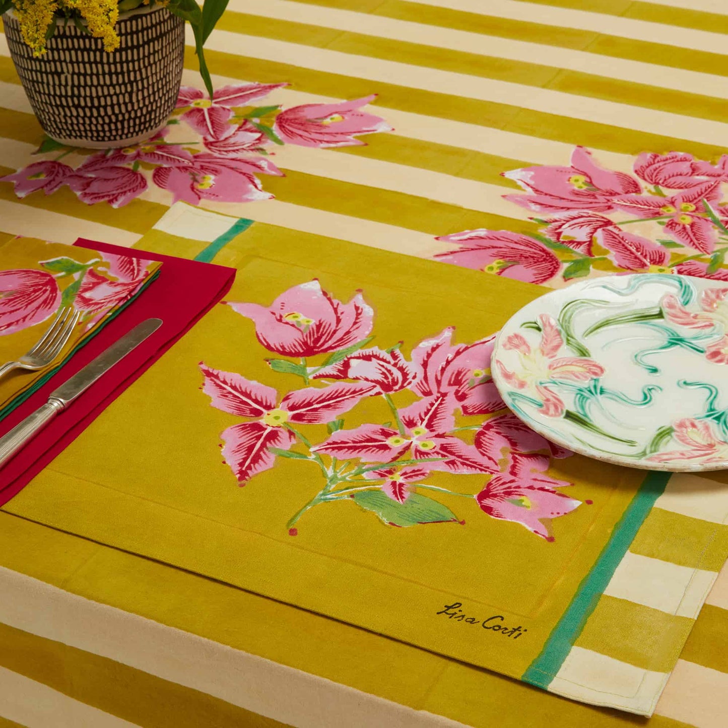 Bougainvillea Stripes Off White Mustard - Placemat | Lisa Corti - Bon Ton goods