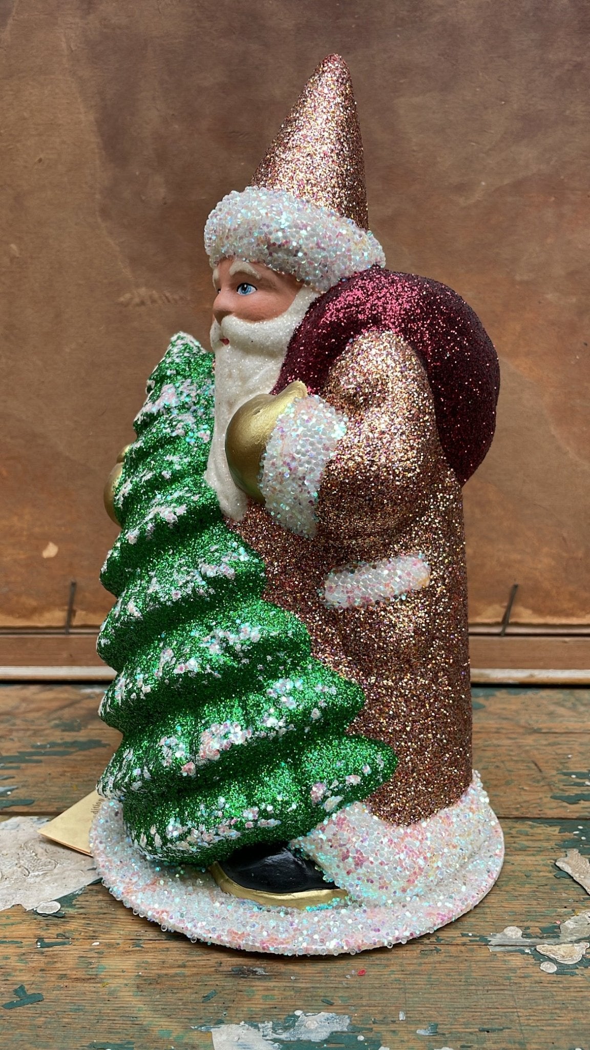Brilliant Red Copper Santa, Goldleaf Gloves with Large Beaded Tree | Ino Schaller - Bon Ton goods