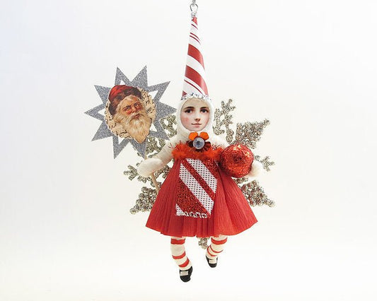 Candy Cane Striped Princess On Snowflake Ornament - Vintage by Crystal | Vintage by Crystal Spun Cotton Ornament - Bon Ton goods