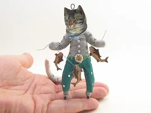 Cat Boy Catching Fish Ornament - Vintage Inspired Spun Cotton - Bon Ton goods