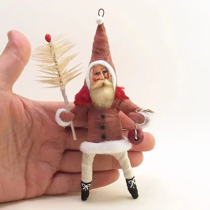 Dark Red Santa Goose Feather Sprig Ornament - Vintage Inspired Spun Cotton - Bon Ton goods