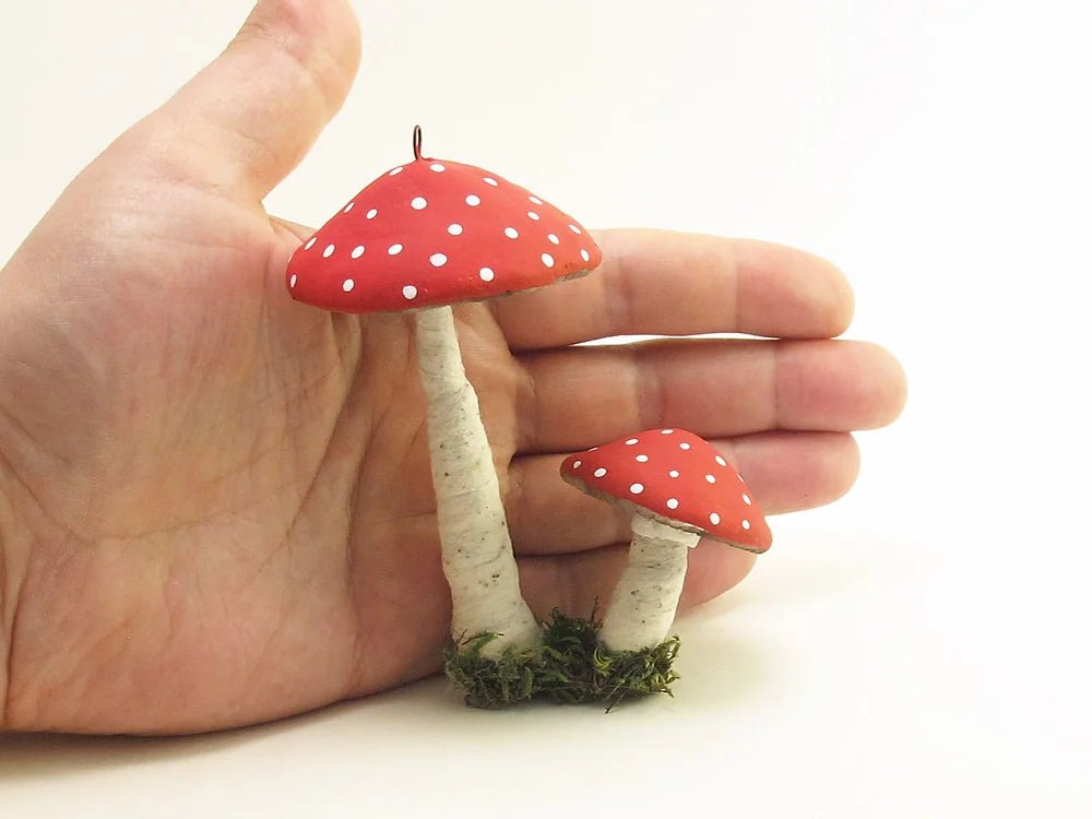 Double Hanging Mushroom Ornament - Vintage Inspired Spun Cotton - Bon Ton goods