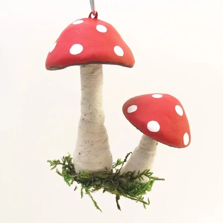 Double Hanging Mushroom Ornament - Vintage Inspired Spun Cotton - Bon Ton goods